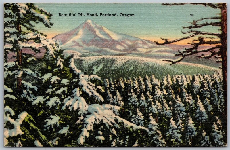 Vtg Portland Oregon OR Beautiful Mt Hood Winter Snow Scene View Linen Postcard