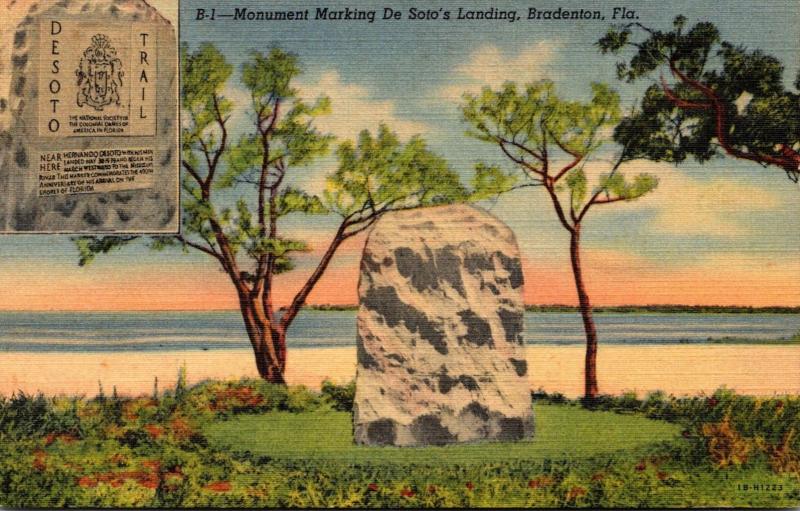 Florida Bradenton Monument Marking De Soto's Landing 1943 Curteich