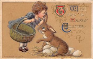 Easter Happy Easter Wishes, Girl Whispers In Bunny's  Ear Winsch Vintage PC U484