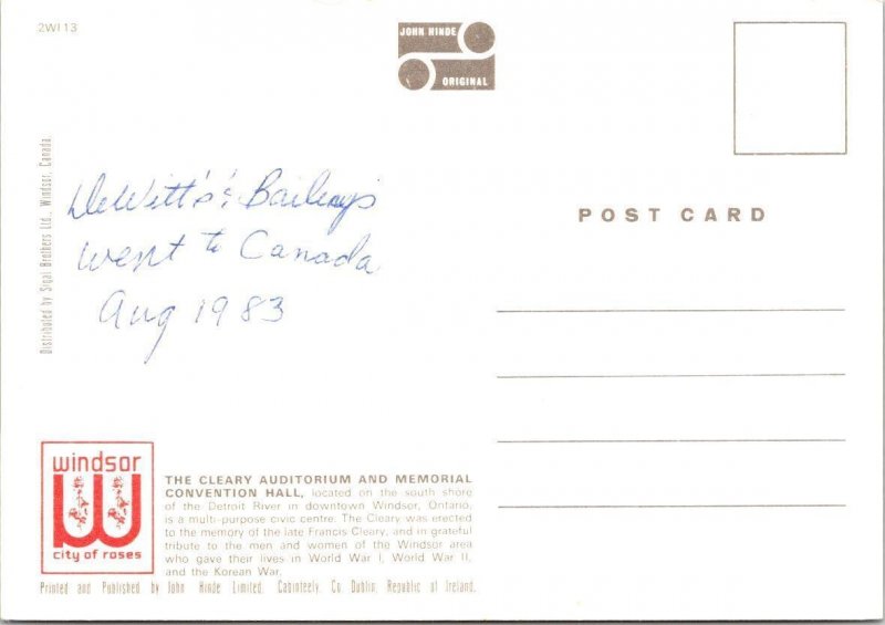 Windsor Ontario Canada CLEARY AUDITORIUM~MEMORIAL CONVENTION CENTER 4X6 Postcard