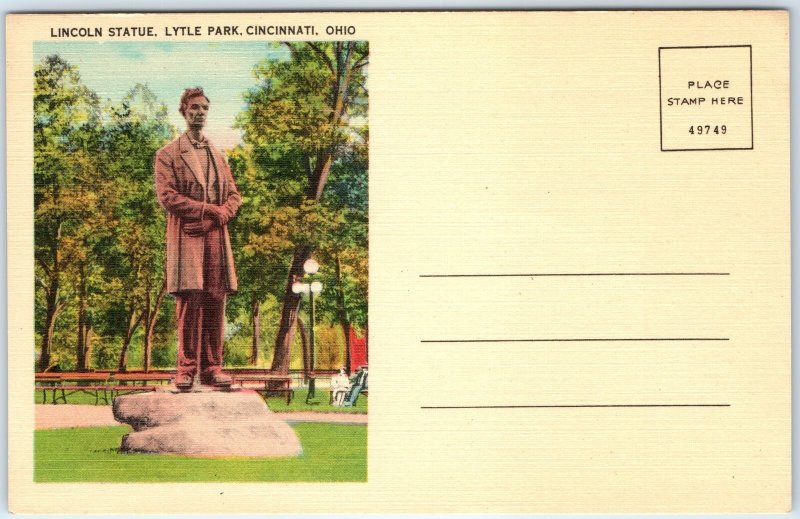 c1940s Cincinnati OH Lincoln Statue in Lytle Park Rare Linen PC Kraemer Art A286
