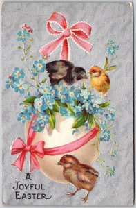 A Joyful Easter, 1910 Chicks, Pink Ribboned Egg & Blue Forget-Me-Nots, Postcard