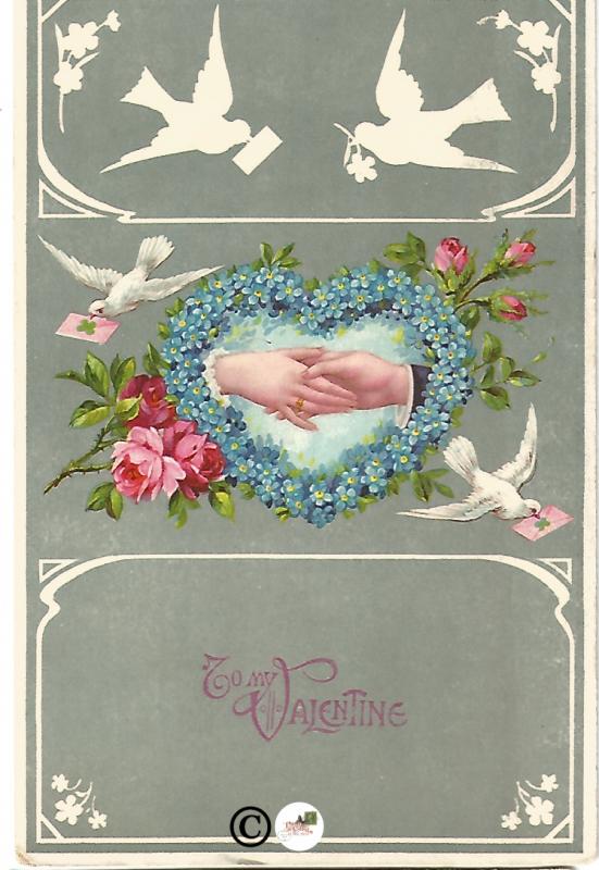 Old Valentine's Day Postcard Clasped Hands & Doves Forget Me Not made into Heart