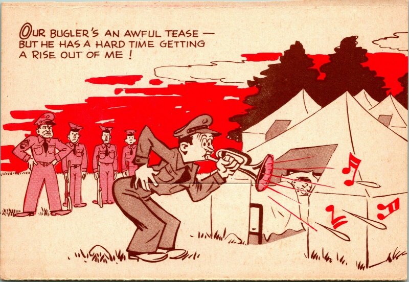 Vtg 1942 Postcard - WWII Soldier Cartoon Camp-Laff Our Bugler's an Awful Tease 
