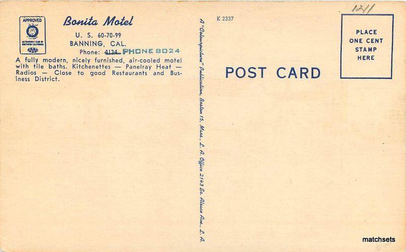 1950s Bonita Motel Banning California roadside colorpicture postcard 8236