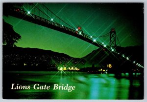 Lions Gate Bridge At Night, Vancouver, British Columbia, Chrome Postcard