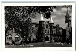 1942 NSTC Building Clock Tower Scene Tahlequah Oklahoma OK RPPC Photo Postcard