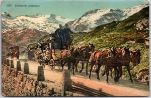 Schweizer Alpenpost Switzerland Horse Carriage Mountains In Background Postcard