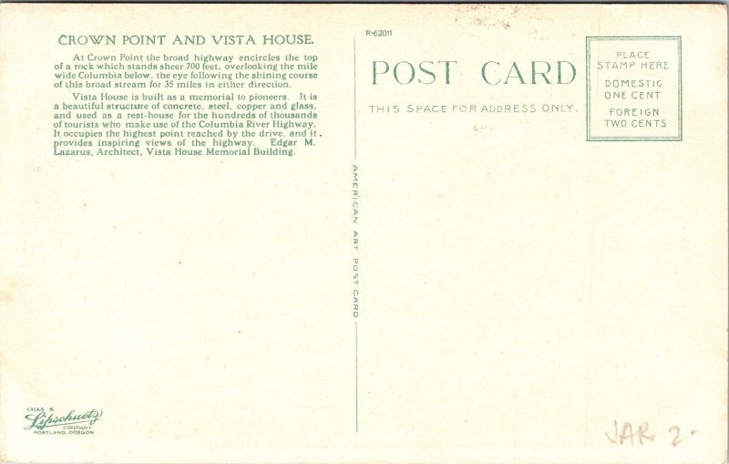 Crown Point Vista House Columbia River Hwy Oregon OR WB Postcard VTG UNP Vintage 