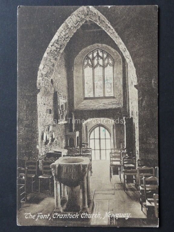 Cornwall: Newquay, Crantock Church Interior showing The Font c1923