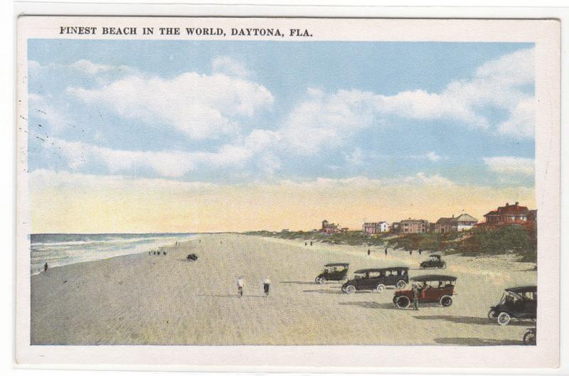 Cars on Beach Daytona Florida 1920c postcard