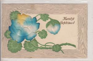 Silk material embossed flowers fantasy blossom vintage greetings postcard