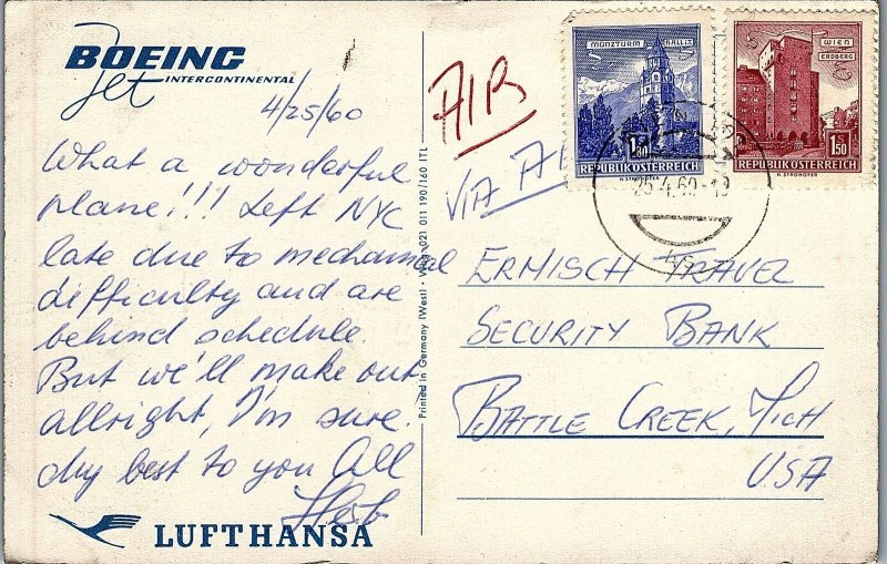 VINTAGE LUFTHANSA BOING AUSTRIA AIR MAIL PHOTOCHROME POSTCARD 38-124