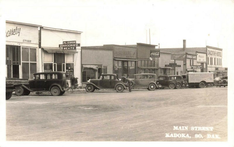 Kadoka SD Egan Street Storefronts Restaurant Old Cars RPPC