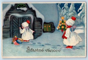 Czech Republic Postcard Christmas Little Angels With Toys Winter Scene c1910's