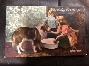 c.1910, Early Color, Children Bathing Their Dog on Bathi Nightt, Old Postcard