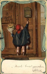 Little Boy in Cape with Flowers Rings Doorbell c1905 Vintage Postcard