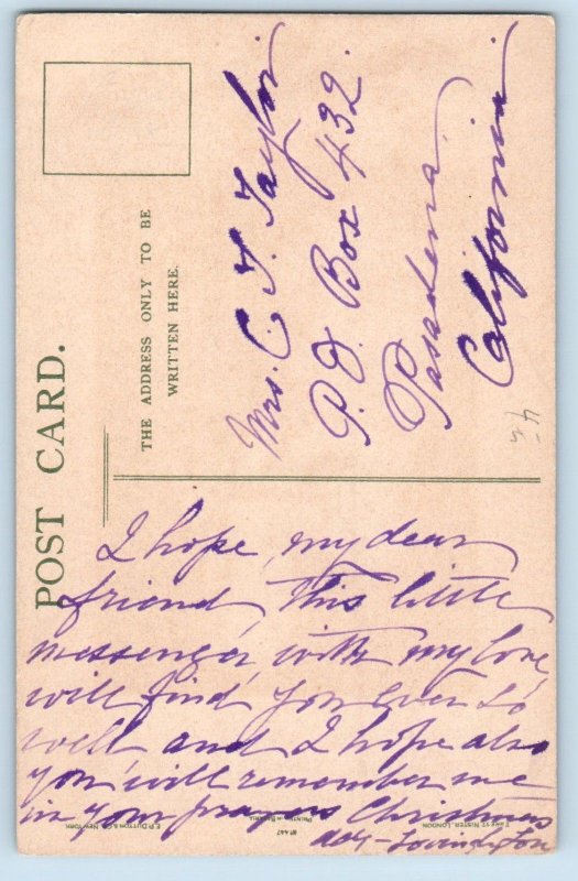 Christmas Postcard Religious Holly Berries Pasadena California CA c1910's Posted