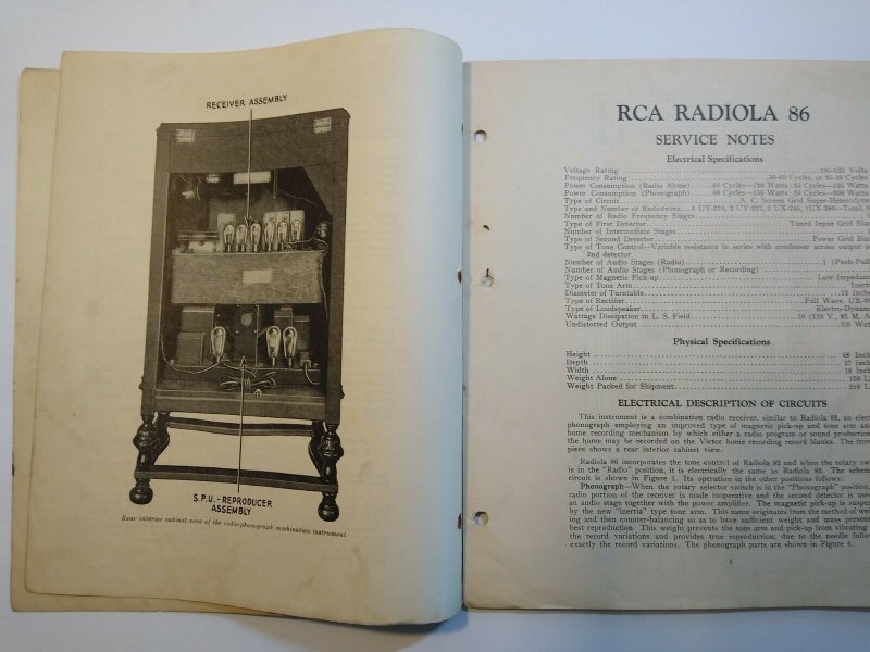 RCA Radiola 86 Vintage Original 1930 Service Notes Manual Radio Victor 24 Pages