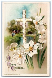 John Winsch Artist Signed Postcard Easter Flowers Cross River Scene Embossed