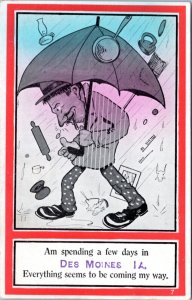 Postcard Comic IA Des Moines - man umbrella everything raining on him