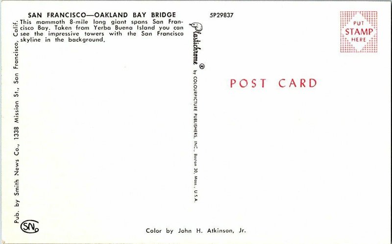 San Francisco California Oakland Bay Bridge Vintage Postcard Standard View Card 