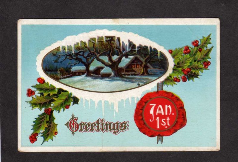New Year Greetings January Jan 1st Postcard 1912 Holly