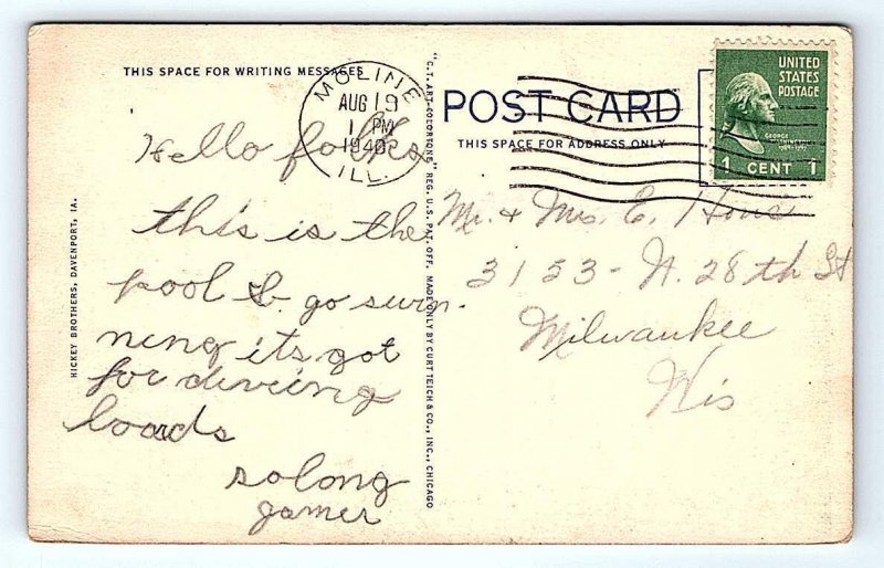 MOLINE, IL Illinois ~ SWIMMING POOL 1940 Curt Teich Linen Hickey Bros. Postcard