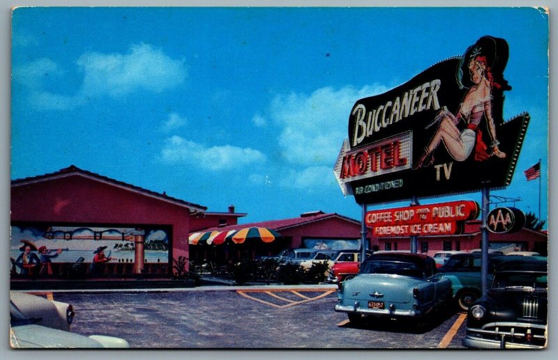 Postcard St. Petersburg FL c1955 Buccaneer Motel & Restaurant Neon Sign Old Cars