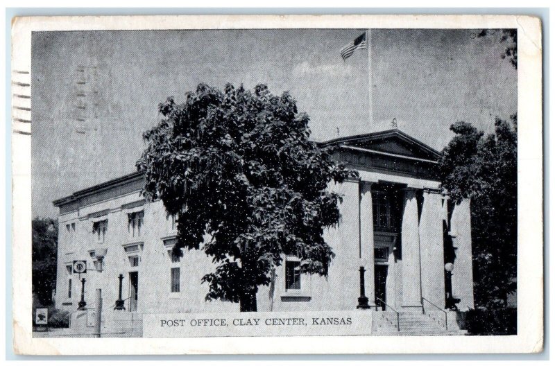 1949 Post Office Building US Flag Trees Clay Center Kansas KS Posted Postcard