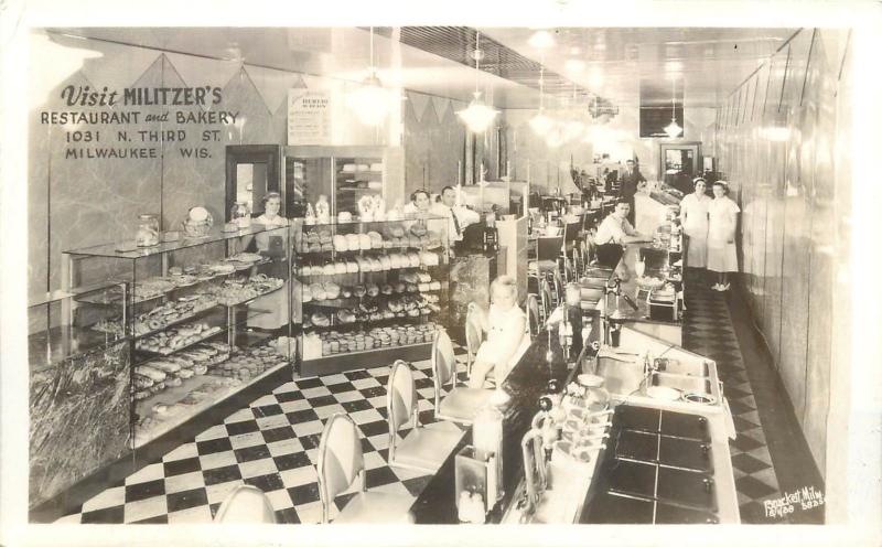 2 1930s RPPC Postcards Militzer's Bakery Restaurant Milwaukee WI Soda Fountain