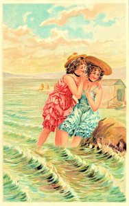 Embossed Beach Women Whispering Bathing Dresses Postcard