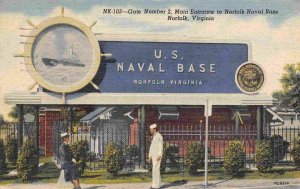 Main Entrance Norfolk Naval Base Virginia 1959 linen postcard