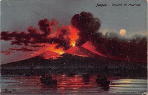 L278 Italy Naples Painting signed Vesuvius Erupting Moonlight Boats postcard
