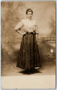 c1910s Lovely Young Lady Portrait RPPC Cute Dress Girl Thin Waist Corset A326