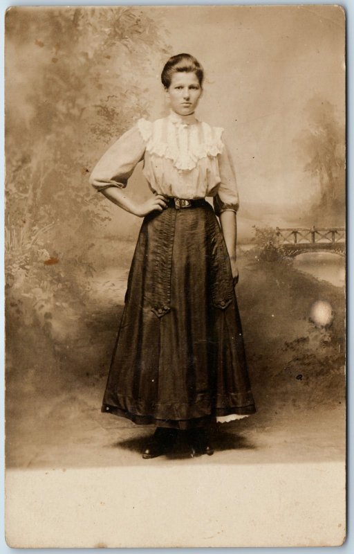 c1910s Lovely Young Lady Portrait RPPC Cute Dress Girl Thin Waist Corset A326