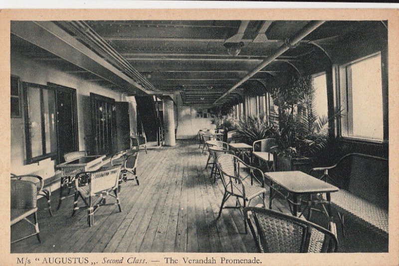 Postcard Ship MS Augustus Second Class Verandah Promenade