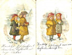 Lovely drawn children couple unit of 2 vintage postcards 1900`s 