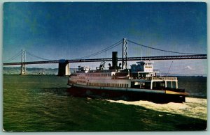 Ferry Boat and Bay Bridge San Francisco California CA  UNP Chrome Postcard G2