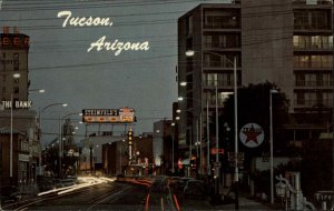 Tucson Arizona AZ Stone Ave Texaco Street Scene at Night Vintage Postcard