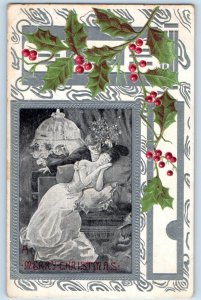 Christmas Postcard Holly Berries Couple Sweetheart Embossed Brattleboro VT 1908