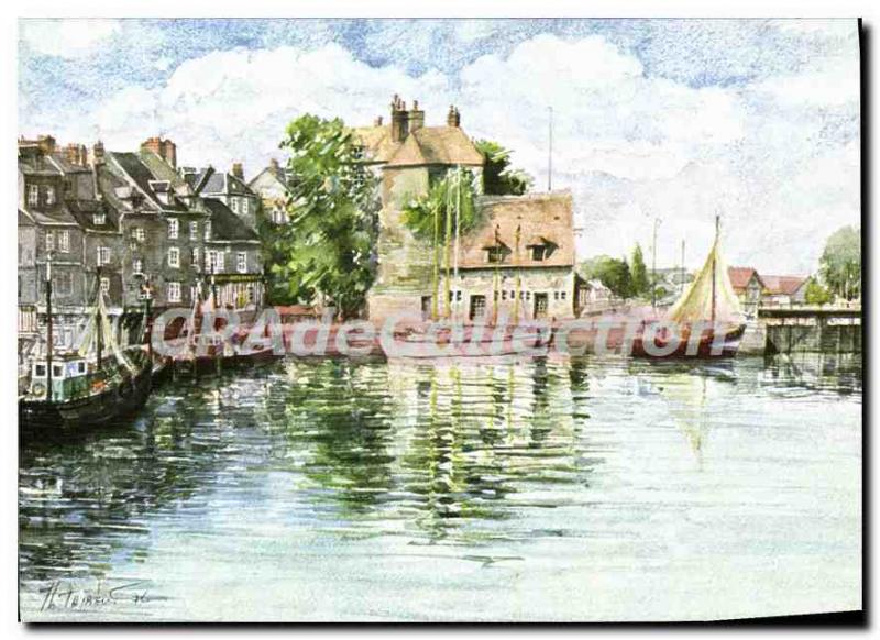 Modern Postcard Honfleur Watercolor by Jean Louis Thibaut Le Vieux Bassin The...