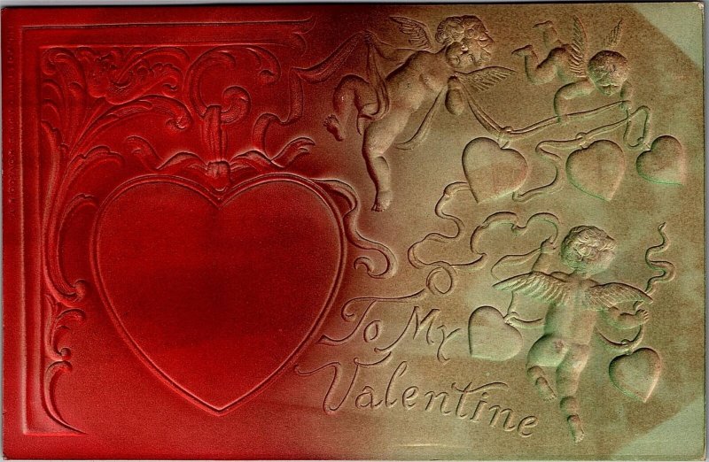 c1908 VALENTINE CUPID CHERIBIM HEARTS HEAVILY EMBOSSED POSTCARD 26-221 