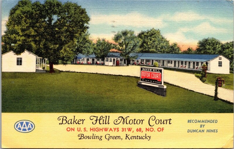Linen Postcard Baker Hill Motor Court in Bowling Green, Kentucky~136444