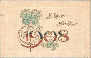 Vintage 1908 Embossed New Year Postcard with Clover Design