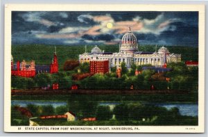 Harrisburg PA~State Capitol From Fort Washington @ Night~Vintage Linen Postcard