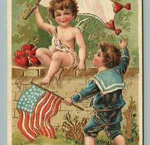 Patriotic Valentine Flag Cupid Cute Angel Gold Embossed Love's Token Postcard 