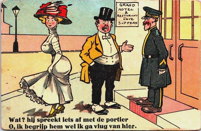 Classy Man and Woman Standing by a Doorman Vintage Postcard C200