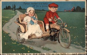 PFB Serie 7318 Little Boy and Girl Motorcycle and Side Car c1910 Postcard