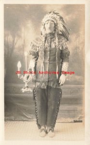 Studio Shot, RPPC, Native American Indian Costume & Mask, Photo